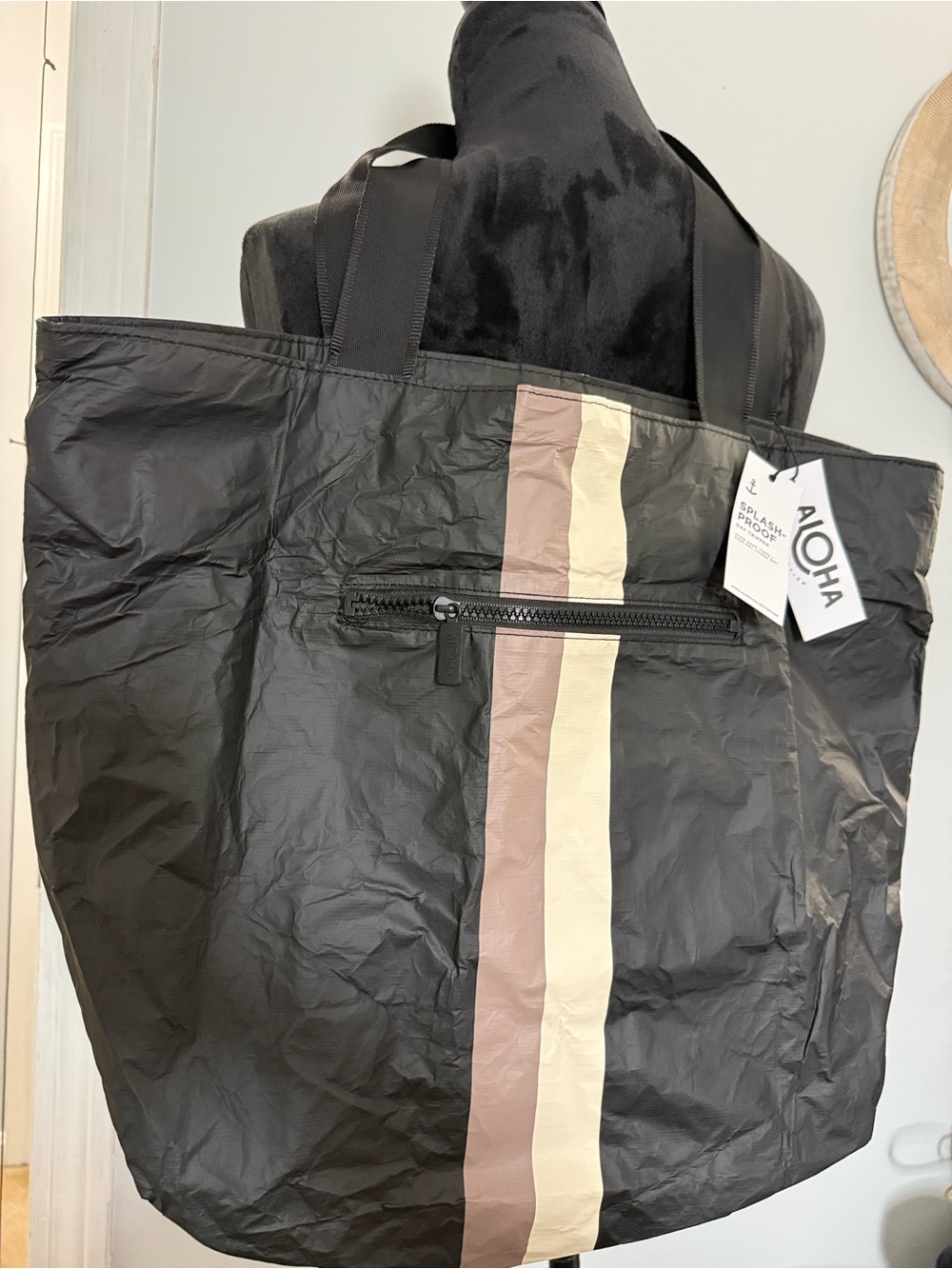 ALOHAS Black Tote with Taupe and Cream Center Stripe